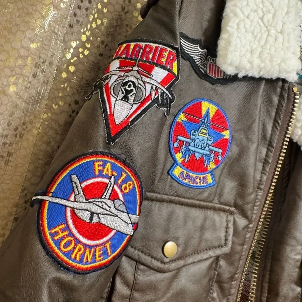 Flight Line Air Gear Boys Aviation Pilot Faux Leather Brown Bomber Jacket XXS 4/
